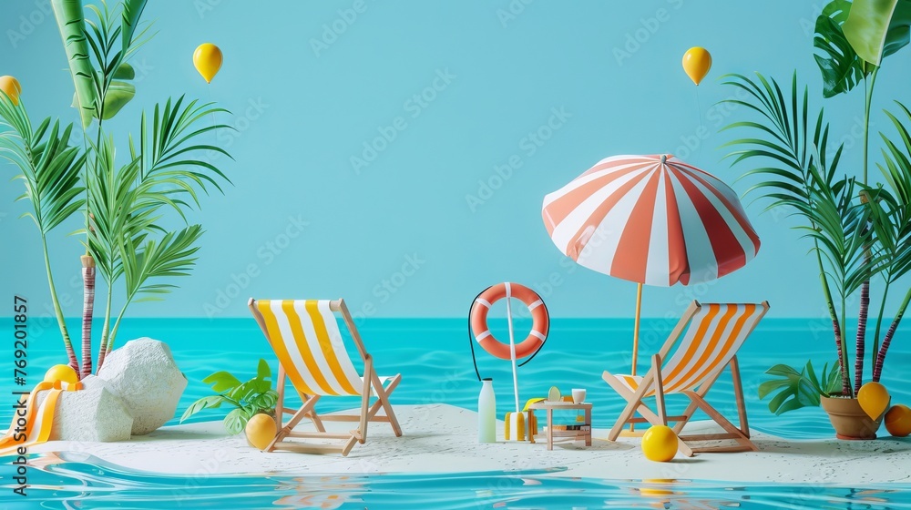 A 3D-rendered scene portrays a summer beach vacation setting against a blue background, evoking the essence of summer leisure