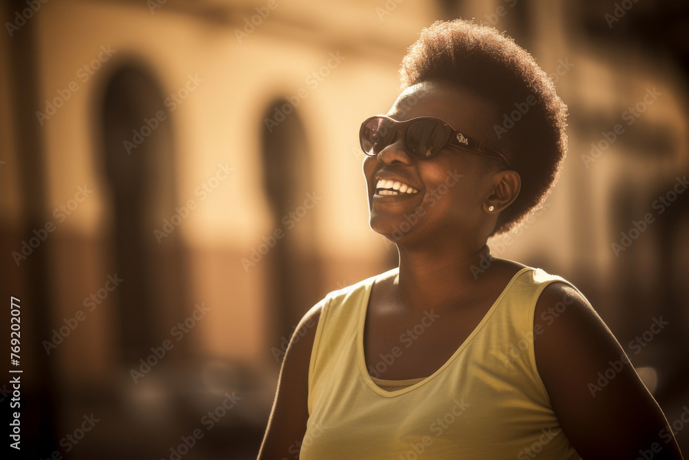 Confident African American woman in her 50 year, sunglasses, golden hour, reflecting success and modern color trends. Confident African American woman in her 50 year, sunglasses, golden hour, reflecting success and modern color trends.