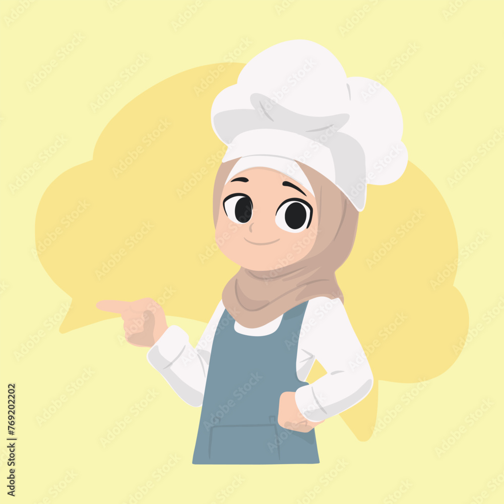 Young Hijab Chef Pointing to Her Right Side Young Hijab Chef Pointing to Her Right Side