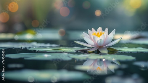 Image of water lily floating on the surface of calm water.