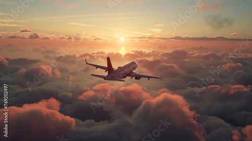 A commercial jetliner is shown flying above dramatic clouds at sunset, providing a picturesque backdrop for the concept of flight travel and transportation