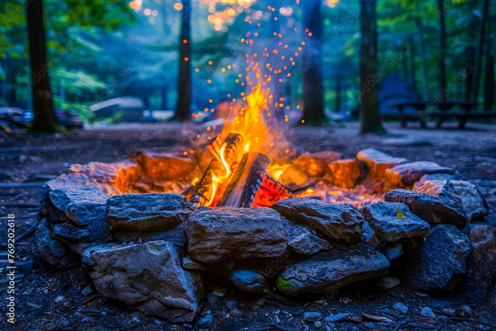 Glowing Campfire Flames at Twilight in a Forest Setting with Spark Trails and Stone Fire Ring