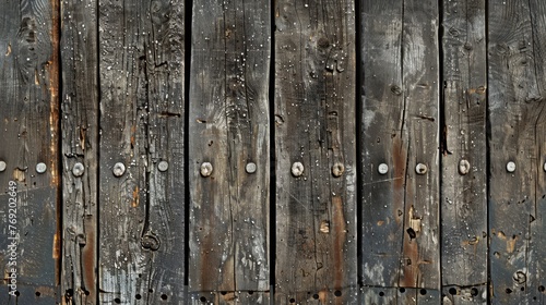 A weathered wooden plank texture from the deck of a pirate ship, with old nail holes and sea salt stains, embodying the rugged life at sea created with Generative AI Technology