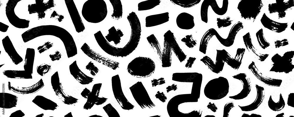 Brush drawn doodle shapes seamless pattern. Arrows, crosses, swirls and dots with dry brush texture. Banner background with trendy graffiti style elements. Hand drawn various shapes. Brush drawn doodle shapes seamless pattern. Arrows, crosses, swirls and dots with dry brush texture. Banner background with trendy graffiti style elements. Hand drawn various shapes.