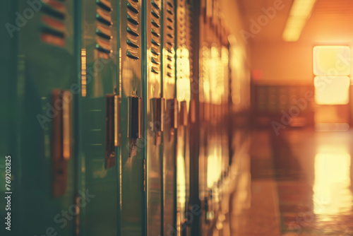 Row of school lockers, teal tone, contemporary color grading, blurred foreground and background. School backgrounds concept photo