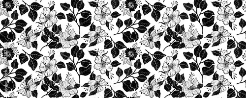 Beautiful floral pattern in blooming flowers with leaves isolated on the white background.  Floral seamless background. Elegant template for fashion prints. 