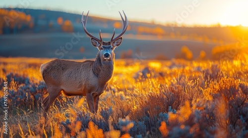 A deer stands in a grassy meadow at sunset under a colorful sky