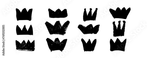 Set with brush drawn crowns. King crown sketches. Ornament with black charcoal hand drawn heads tiaras.  Queen  diadems vector ornament.