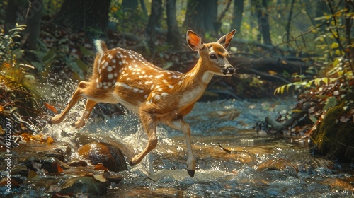 Deer running through stream in forest, surrounded by trees and natural landscape © Yuchen