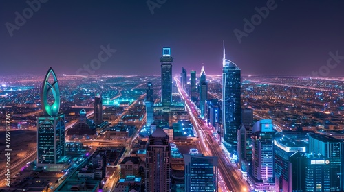 A night view of the Kingdom of Saudi Arabia showcases the Kingdom Tower and Riyadh's skyline, emphasizing the country's modernity