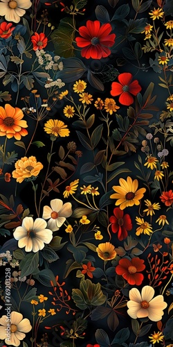 A seamless pattern of wildflowers, tiny flowers and leaves in dark colors on a black background, illustration made with generative AI