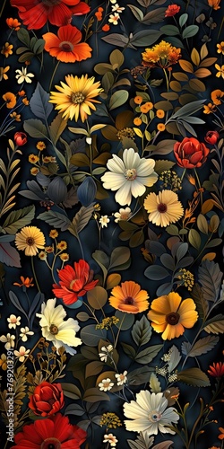 A seamless pattern of wildflowers, tiny flowers and leaves in dark colors on a black background, illustration made with generative AI