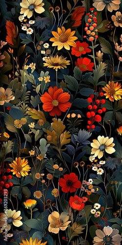 A seamless pattern of wildflowers, tiny flowers and leaves in dark colors on a black background, illustration made with generative AI