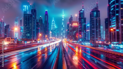 A nighttime scene in Dubai downtown reveals the city's stunning modern architecture and vibrant lights, symbolizing luxury travel and tourism in the UAE