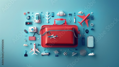 A red plastic travel bag is depicted in vector illustration, adorned with various travel-related elements, encapsulating the travel concept photo