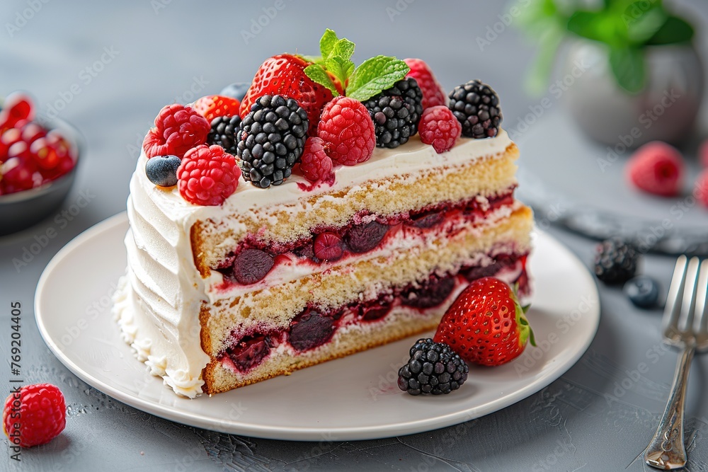 A piece of tiramisu with raspberries on a white plate on the table. Traditional Italian dessert A piece of tiramisu with raspberries on a white plate on the table. Traditional Italian dessert