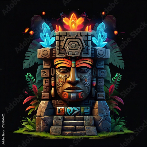 Cartoon aztec totem on black backround photo
