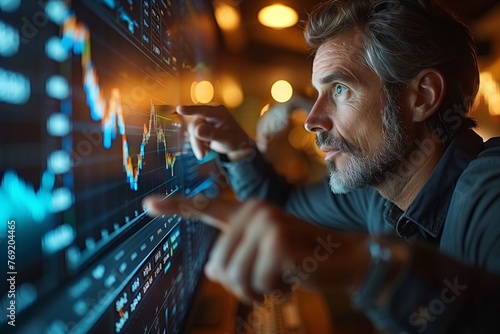 A man is having fun looking at a stock chart on a computer screen, while listening to electric blue music and dreaming of attending a live music event photo