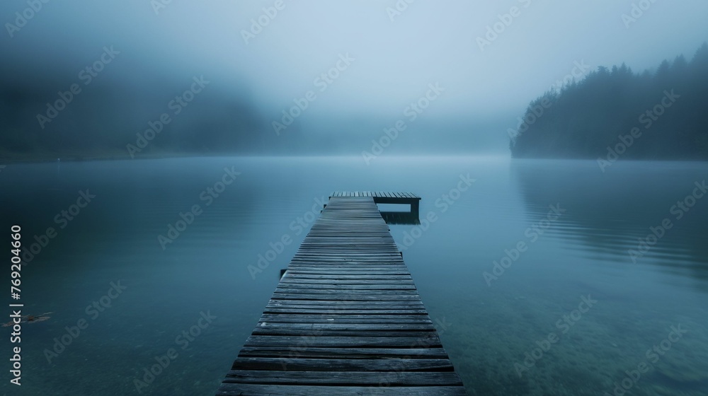 Quiet lake with a wooden pier disappearing into the mist. - obrazy, fototapety, plakaty 