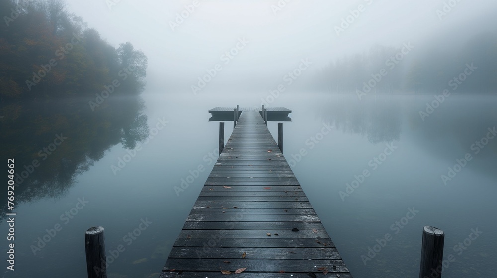 Quiet lake with a wooden pier disappearing into the mist.