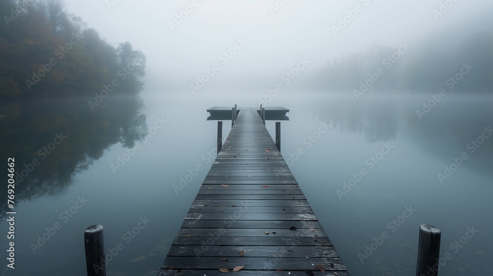 Obraz premium Quiet lake with a wooden pier disappearing into the mist.