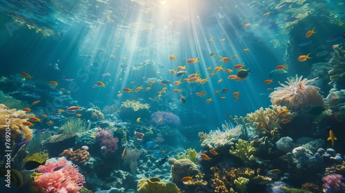 Ocean with a sunlit coral reef underwater view. © kept