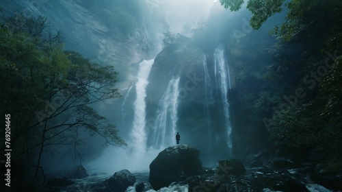 Person standing in front of a majestic waterfall.