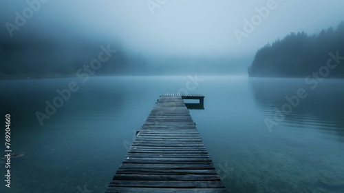 Quiet lake with a wooden pier disappearing into the mist.