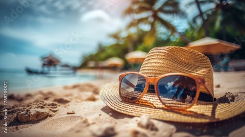 Beachside serenity with straw hat and sunglasses. Sunglasses and hat on tropical sandy beach, summer vibes. Sunhat on sandy beach, beach life, vacations and travel