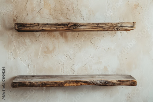 Two Wooden Shelves Mounted on a Textured Cream Wall, Rustic Interior Design photo