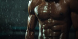 Muscular Physique Showcased Under Dramatic Lighting Amidst Falling Rain Drops