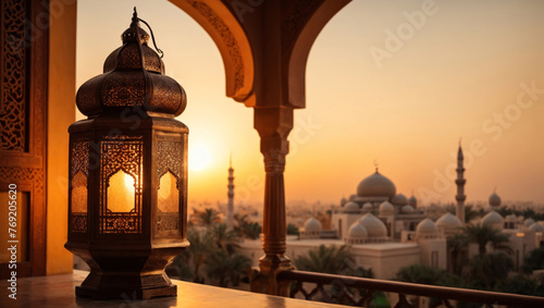 Ramadan lantern with sunset background