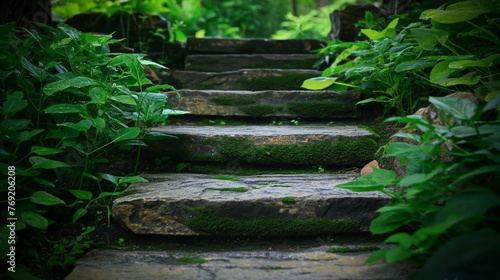 Set of stone steps surrounded by lush greenery.