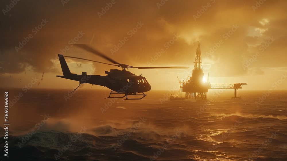 Helicopter flying near oil rig at sunset, symbolising energy, industry, and transport Helicopter flying near oil rig at sunset, symbolising energy, industry, and transport