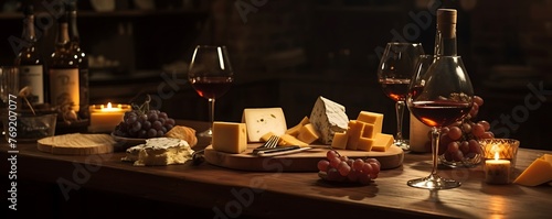 the charm of a wine and cheese arrangement with soft evening lighting, warm color temperature, and a serene ambiance, highlighting the textures of the wooden