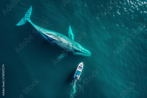 Blue whale swimming, small boat in blue ocean, large fish, holidays, sightseeing and fishing © David