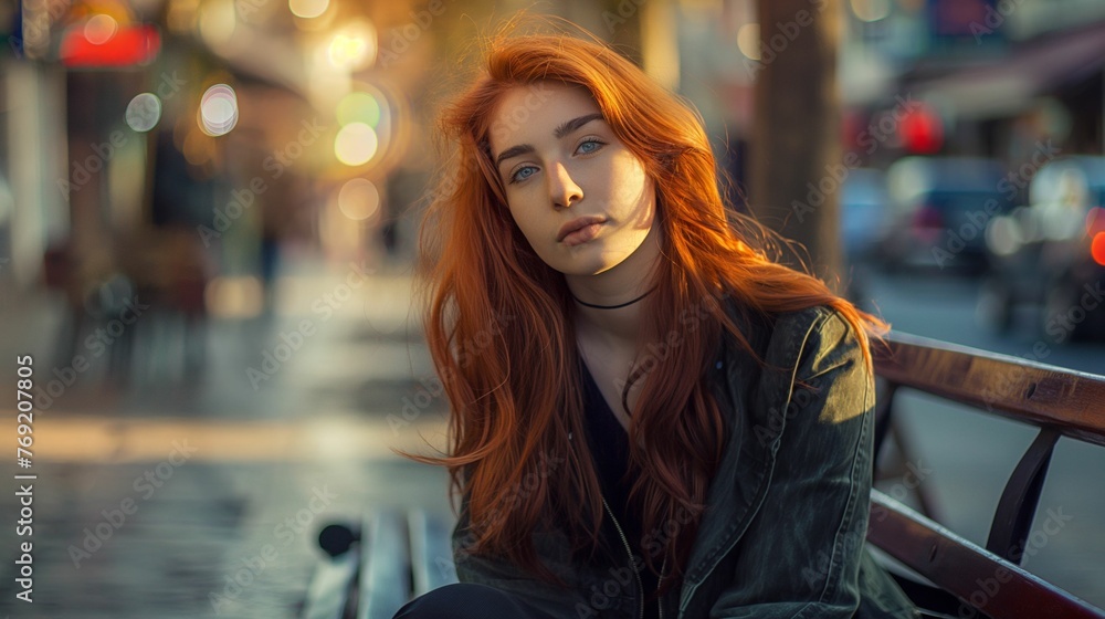 Young woman with red hair sitting on a bench on a lively street. Young woman with red hair sitting on a bench on a lively street.