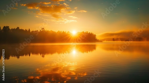 Golden Hour Tranquility: Serene Landscape Bathed in a Warm Glow of a Peaceful Lake photo