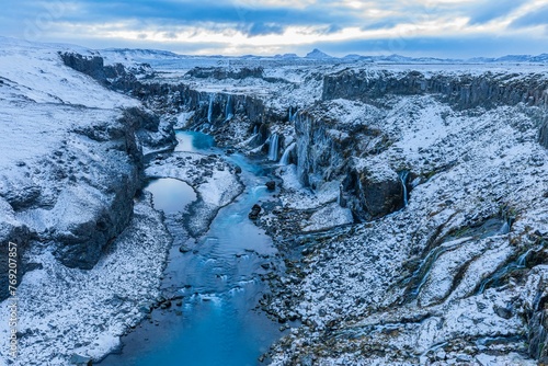 Hrauneyjarfoss waterfalls, onset of winter, Sudurland, Iceland, Europe photo