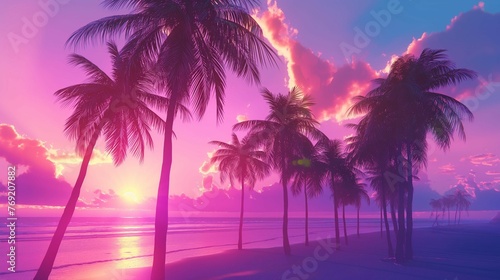 Vaporwave palm trees on a tranquil beach. © kept
