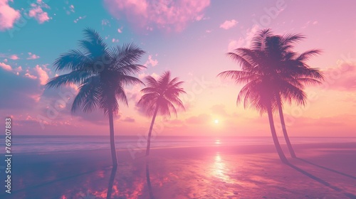 Vaporwave palm trees on a tranquil beach.