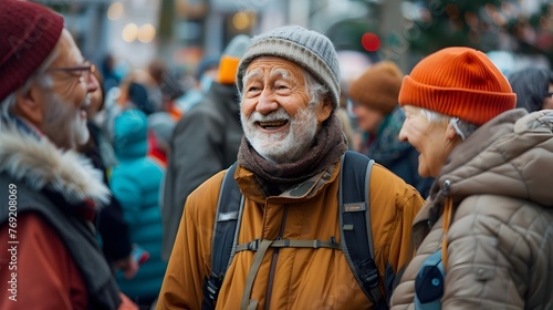 Joyful Gathering of Senior Citizens in a Vibrant City Square, Uniting through Laughter and Street Performances