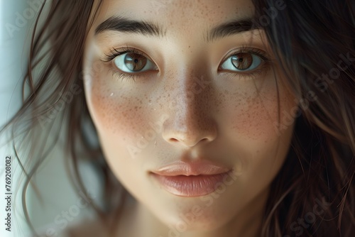 Joyful Radiance: A Close-up Portrait of an Asian Woman Showcasing the Benefits of Effective Skincare