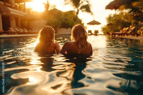 Two women enjoy a serene sunset from a luxurious resort pool