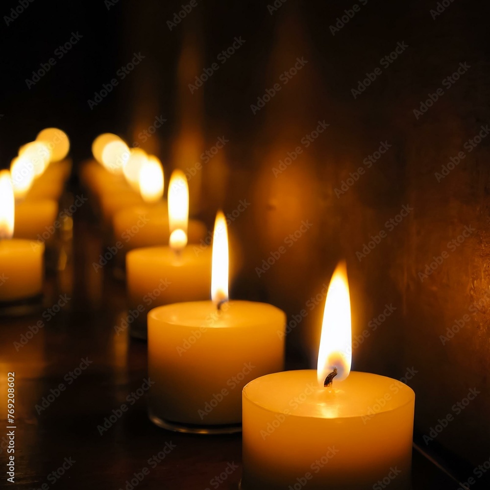 Burning candles on a dark background. Many candle lights glow on a dark background. Generative AI