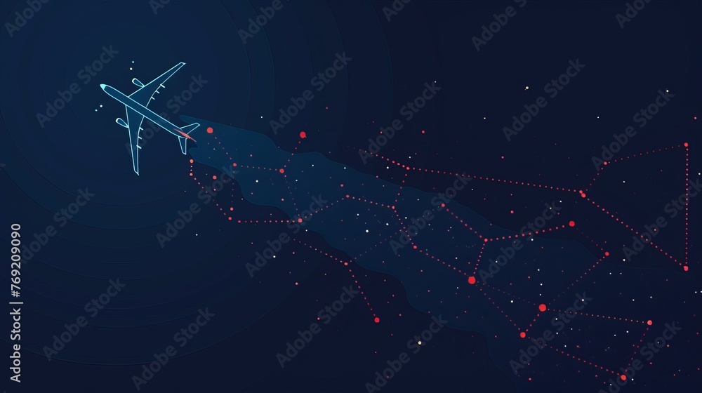 A vector icon illustrates the path of an airplane flight with a starting point and a dashed line trace, symbolizing air travel routes - obrazy, fototapety, plakaty 