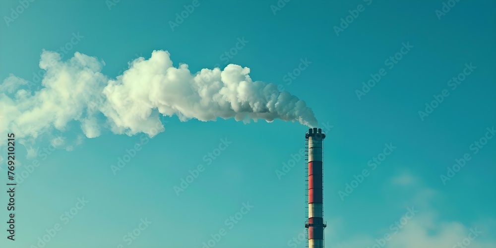 A smokestack emitting CO2 from an industrial plant contributing to global warming and urban pollution. Concept Industrial Pollution, Global Warming, Carbon Emissions, Urban Environment