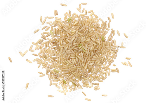 Fotografía Brown rice, uncooked and hulled, isolated on white, top view