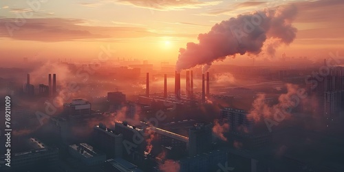 Industrial factory buildings with smoking chimneys at sunset highlighting the impact of industry on the environment. Concept Industrial Impact on Environment, Sunset Factory Scenes, Smoking Chimneys