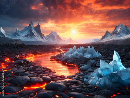 Lava core and arctic frost, extreme elements theme, hot molten energy, cold icy calm, dynamic natural forces, serene elemental balance, intense heat and cold contrast, peaceful nature power design.
